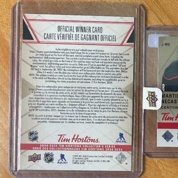 2024-25 Upper Deck Tim Hortons Jerseys #JMN Martin Necas Hockey Card - Picture 4 of 4